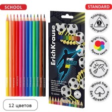 Карандаши 12 цветов ErichKrause Sport DNA трехгранные, пластиковые с европодвесом