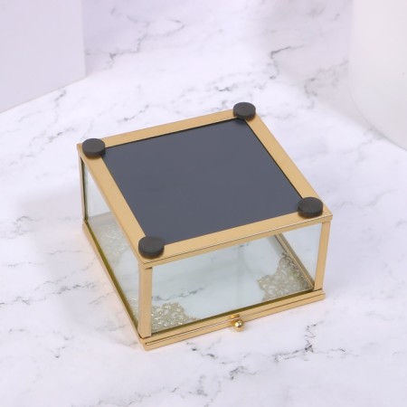 Great organizer for storage, with a lid, glass, with a mirror -bottom, 1 section, 10 × 10 × 6 cm, the color is transparent/copper-10