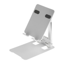 A tablet stand, adjustable, folding, rubber inserts, white
