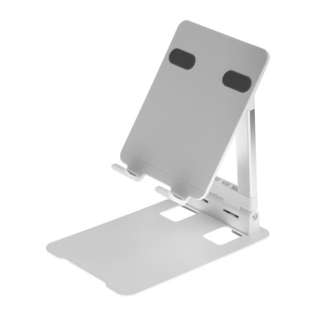A tablet stand, adjustable, folding, rubber inserts, white