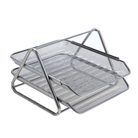 Horizontal paper tray, 2 compartments, metal mesh, gray