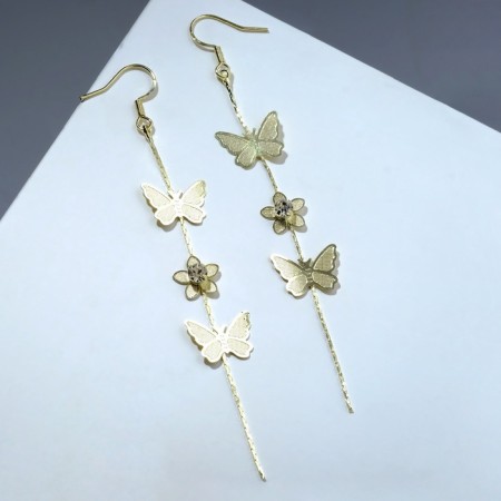 Hanging earrings "Butterflies and flowers", white color in gold, 10 cm-6