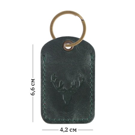 Key leather keychain, label, rectangular, genuine leather, green, deer-3