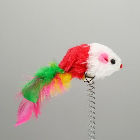 Domestic "Mouse on the suction cup", artificial fur with colored feathers, 24 cm, red/white mouse-1