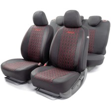 Verona Auto-Cars, material of small weaving with contrasting stitching, 5 mm foam, 3D cut, 15 objects, 5 headrests, 2 pockets, 4 lightning, 4 end valves, Airbag black and red