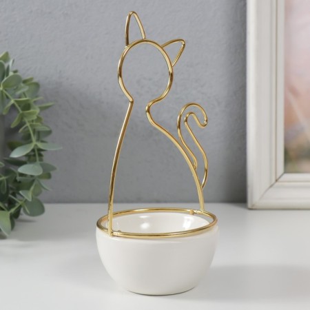 Souvenir ceramics, metal stand "cat" white with gold 9.8x8.3x17.7 cm-2