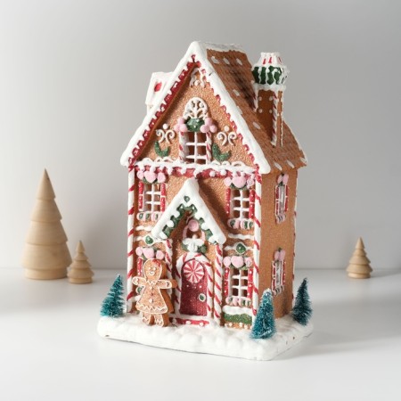 Souvenir Polystone Light "Gingerbread House in the Glaze with Gingerbread, Fir trees" 17x12x25.5 cm