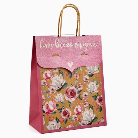 Package with the valve "Flowers", craft, glitter, 19.5 × 10 × 25.2 cm