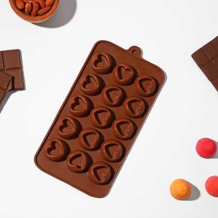 Form for chocolate of the share "Heart", silicone, 23.2 × 12 × 1 cm, 15 cells (d = 3.3 cm), brown color-3