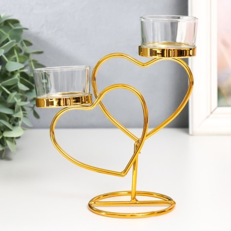 Summary metal, glass for 2 candles "two hearts" d-4.5 cm gold 14x6.5x17.5 cm