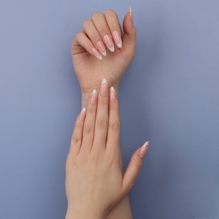 Classic French overhead nails, 24 pcs, with glue plates, almond shape, pale pink/white color-11