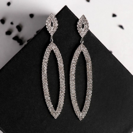 Hanging earrings with “charm” rhinestones, white color in silver, 8.3cm-2