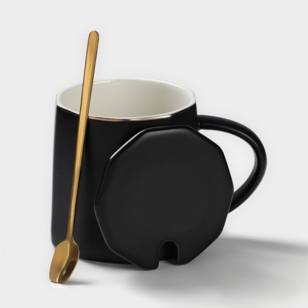 Ceramic mug with a spoon Simple, 350 ml, black color-1