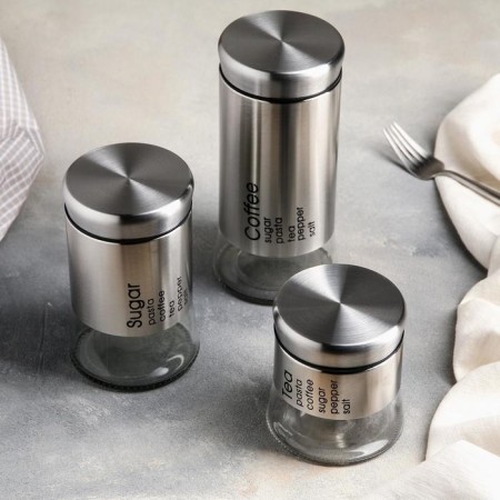 A set of glass cans for bulk products "Style", 3 subjects: 450/700/1000 ml, silver color