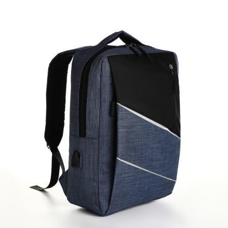 Young youth backpack with a zipper, 2 pockets, with USB, black/blue color-2