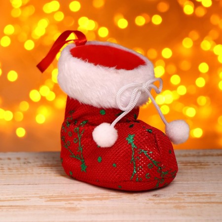 Gift packaging "Boot", a bow with pompons and a white edge