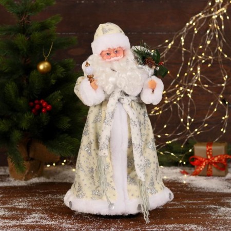 Santa Claus "in a white fur coat with gifts" moves, with backlight, 43 cm