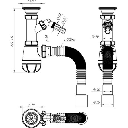 Aquant siphon for washing, 1 1/2 "x 40 mm, tap for washing machine, with corrugated 40x40/50 mm-2