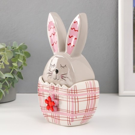 Coramics box "Bunny in an egg in a cell, with a flower" gray-red 11.8x7.2x20.8 cm-1