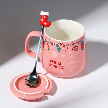 New Year! New Year's Ceramic mug with a spoon "warmth and comfort!", 350 ml, pink color-8