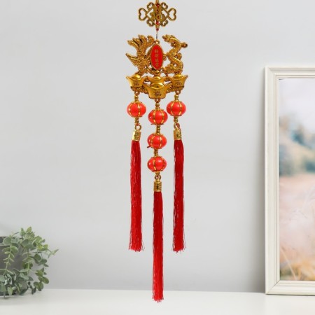Plastic suspension, textile "Dragon and phoenix on gold ingots" 13x66 cm