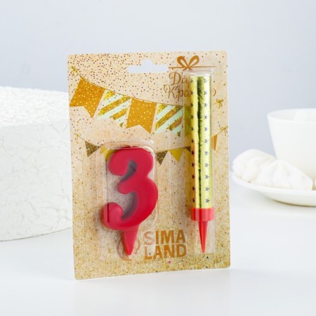Candle for cake the number "oval" red "3" + fountain-2