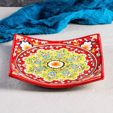Plant of Rishtan ceramics "Patterns", red, 20 cm, square