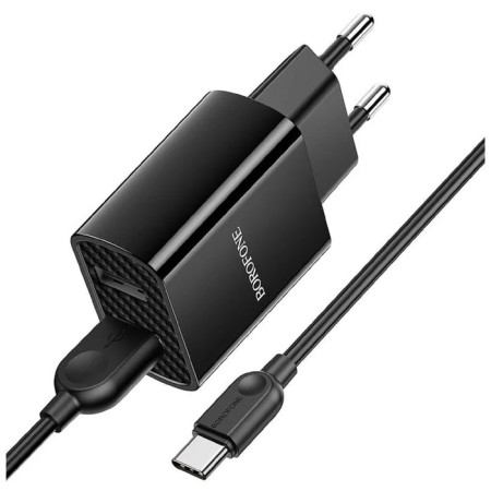 Network charger Borofone BA53A, 2XUSB, 2.1 A, Type-C cable, black-2