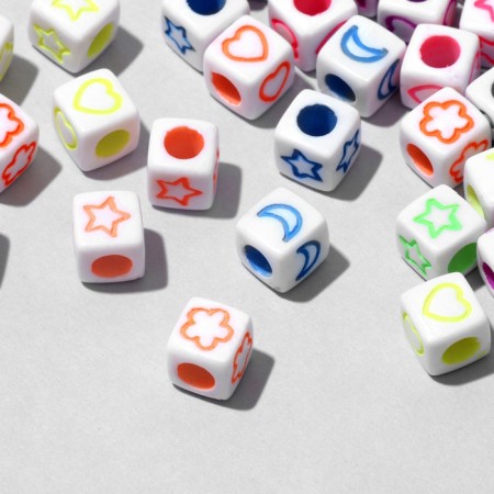 Acrylic bead "drawings" mix, cube 6 × 6 mm, set 10 g, color mix-1