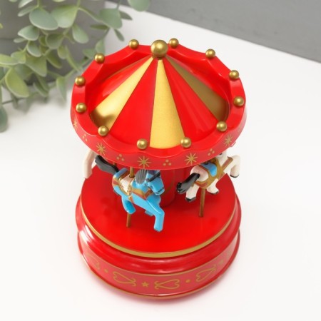 Souvenir Plastic Mechanical "Carousel - Horses" Red 10.5x10.5x17.5 cm-3