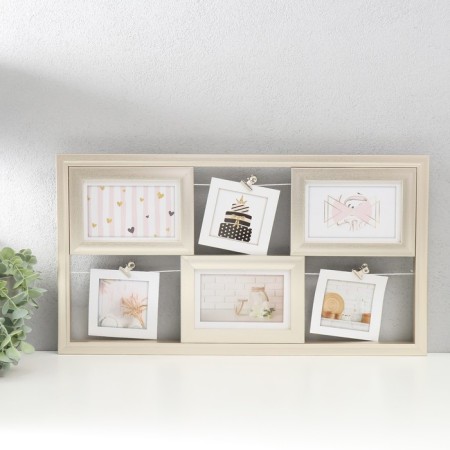 Photo frame plastic in 6 photos "warm memories" with clothespins, gold 53x30 cm