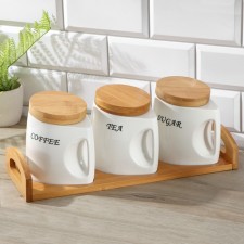 A set of ceramic cans for bulk products on a wooden stand “Estet. Pens 
