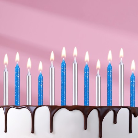 Set of candles for the Cake "Spark", 12 pcs, 8 cm, blue and silver metallic-5