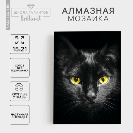 Diamond mosaic with partial filling on the canvas "Black Cat", 15 x 21 cm