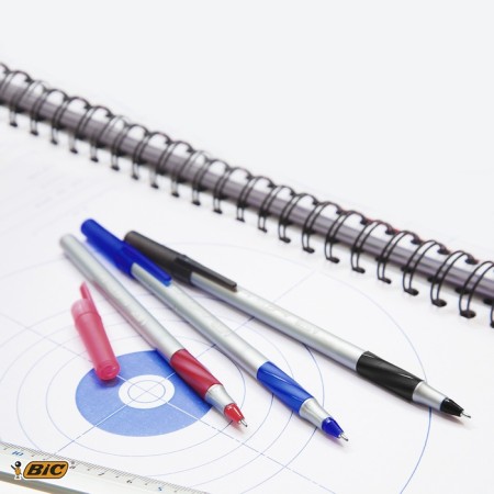 A set of ballpoint pens 4 pieces, BIC Round STIC EXACT, node 0.7 mm, blue, black, red, thin letter, rubber emphasis-8