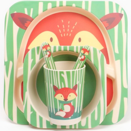 A set of children's dishes "Fox", from bamboo, 5 items: plate, bowl, glass, cutlery-8