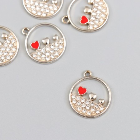 Decor for creativity metal, rhinestones, enamel "Three hearts in the circle" silver 0.2x1.8x2.1 cm