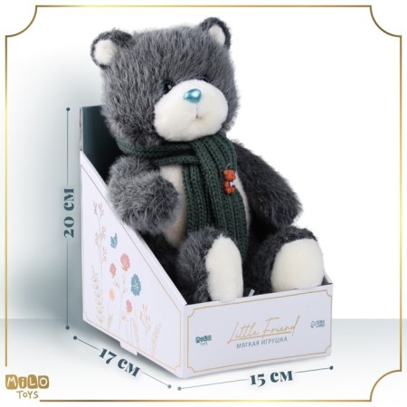 Soft toy "Little Friend", New Year's bear with a green scarf, dark gray color-1