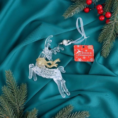 Christmas tree decoration "Deer in a jump with a scarf shine" 13x12 cm, transparent-gold-2