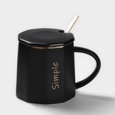 Ceramic mug with a spoon Simple, 350 ml, black color