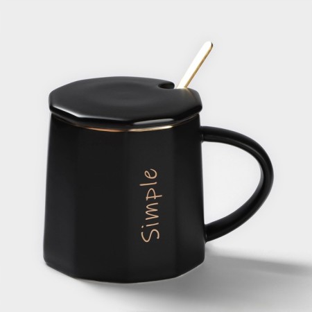 Ceramic mug with a spoon Simple, 350 ml, black color