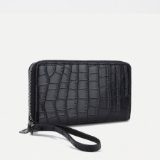 Male purse with zipper, department for bills, for maps, for coins, black color