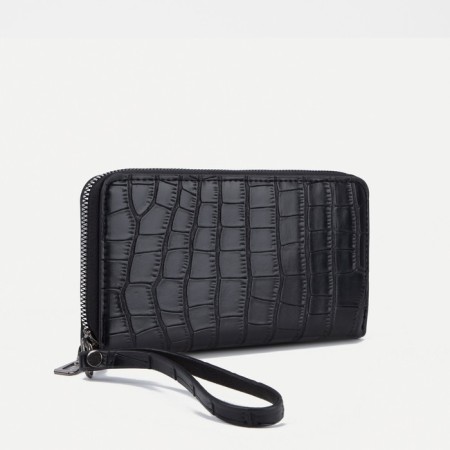 Male purse with zipper, department for bills, for maps, for coins, black color