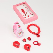 Children's gift set for girls 7 in 1: wristwatch, bracelet, ring, 2 elastic bands, clips 718294