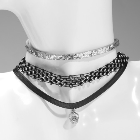 Choker "Trio" Ice Heart (set of 3 pcs.), Black-silver color, 34 cm-1