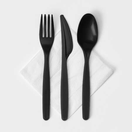 A set of plastic disposable cutlery "Elites", 4 objects: fork, tablespoon, knife, napkin, 18 cm, black color