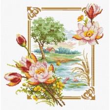 A set of embroidery with a cross on a canvas with a drawing “Lilia”, 23x30 cm