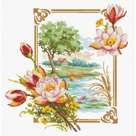 A set of embroidery with a cross on a canvas with a drawing “Lilia”, 23x30 cm