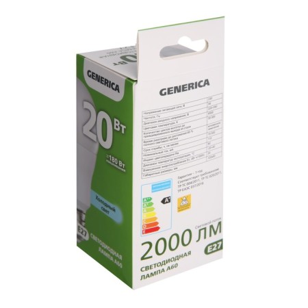 LED LED GENERICA A60, 20 W, pear, 6500 K, E27, 230 V, LL-A60-20-230-65-E27-G-1