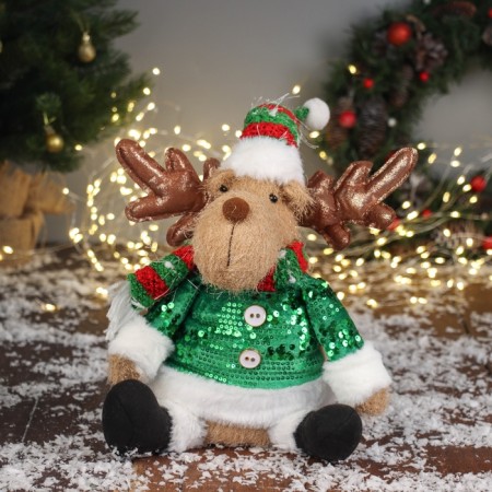 Soft toy "Deer in a striped cap" sits, 44x19 cm